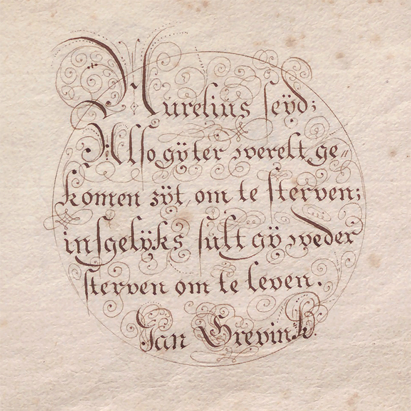 Jan Grevink schoolmeester Zwolle kalligrafie handschrift Exemplaar van Verscheide Shriften geschreven door Jan Grevink. Schoolmr. binnen Swolle. Anno 1688
